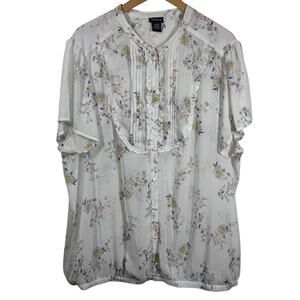 Torrid Top Women 4X Plus Size White Floral Chiffon Ruffle Pin-tuck Button Up